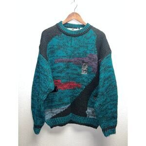 Vintage Code Zero Sweater Multicolor Teal Black Pullover USA Made 80s 90s VTG L
